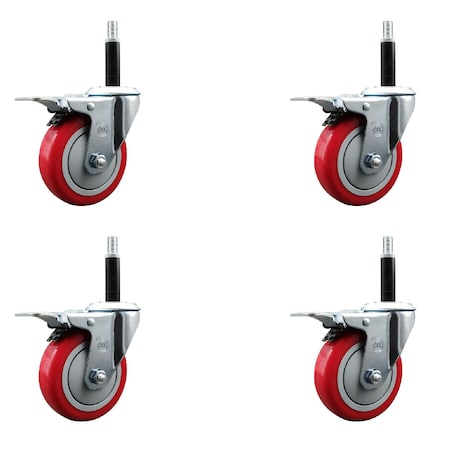 Service Caster 4'' Red Poly Swivel 3/4'' Expanding Stem Caster Set Total Lock Brake, 4PK SCC-EXTTL20S414-PPUB-RED-34-4